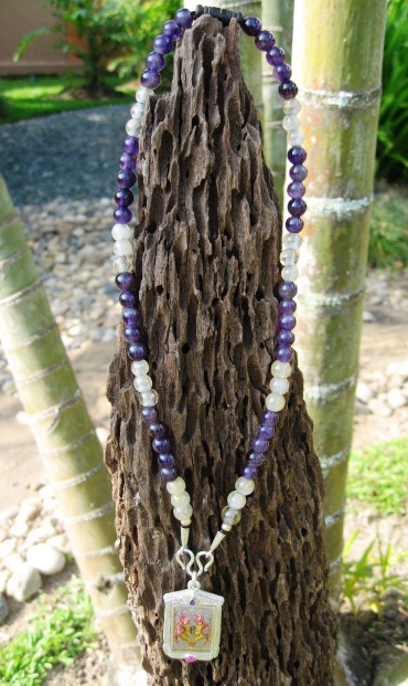 Amethyst and Silver and Gold Silk Thread Stone Amulet Chain