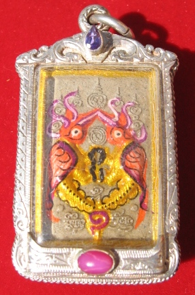 Kruba Kritsana Salika Amulet silver framed with amethyst & ruby