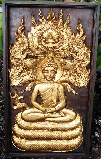 Hand Carved Buddha on Naga Teak Wood with Gold Leaf