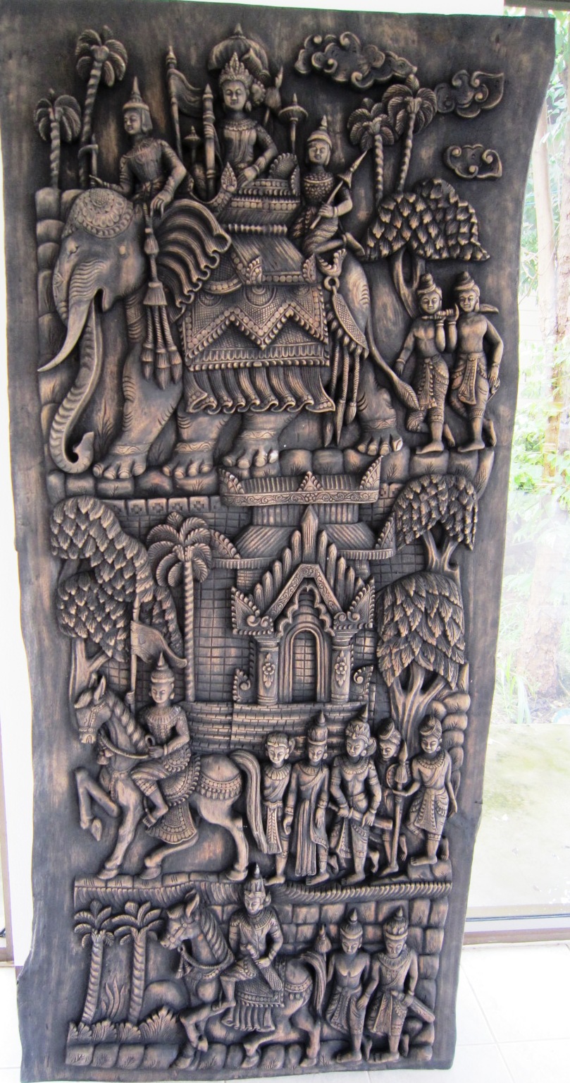 Hand Carved Solid Teak Panel Royal Elephants at war