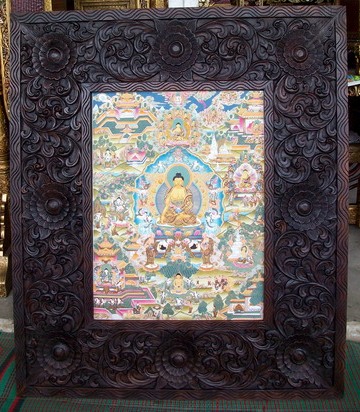 Custom Tibetan Thangka and carved wood frame